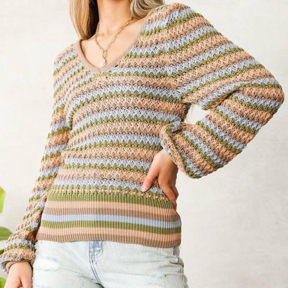🆕 Willow & Root Multicolor Striped Open Knit V-Neck Sweater